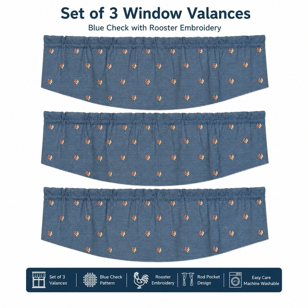 Valances Farmhouse Cottagecore Country Rooster Blue Check Set of 3 41x18in
